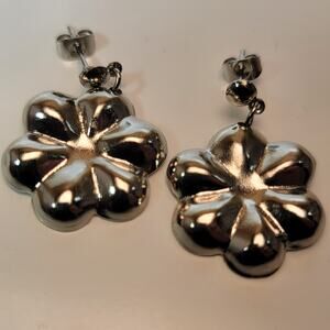Vintage Silver Flower Earrings with Shiny Finish and Stud Backing, Bold Design